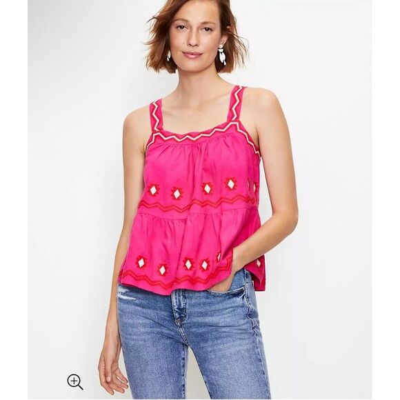 LOFT Embroidered Tiered Cami Top‎ Linen Hot Pink Womens Large Peasant Boho NWT - Picture 1 of 12